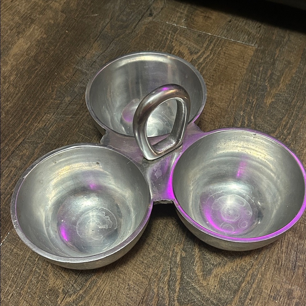 Pewter 3 Compartment Condiment Snack Nut Candy Dish Handle Made in India